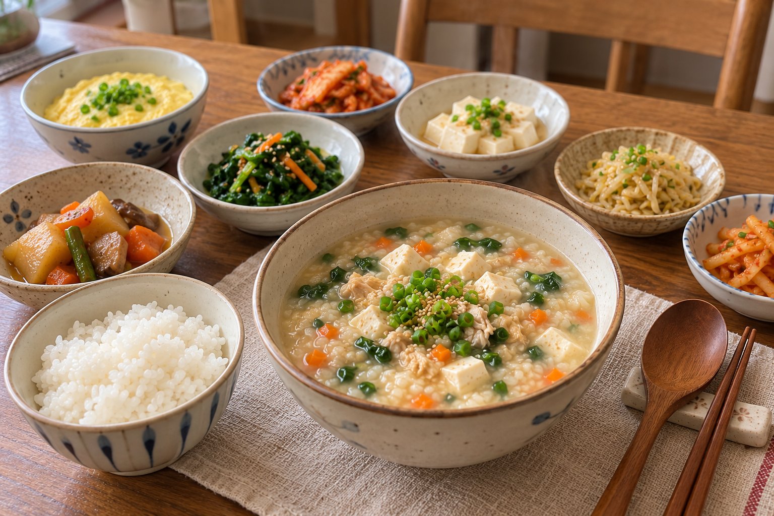 죽과 반찬이 차려진 한식 상차림 · A Korean meal of porridge and banchan
